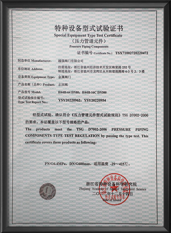 特种设备型式试验证书-止回阀