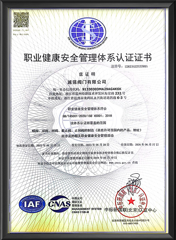 职业健康安全管理体系认证证书